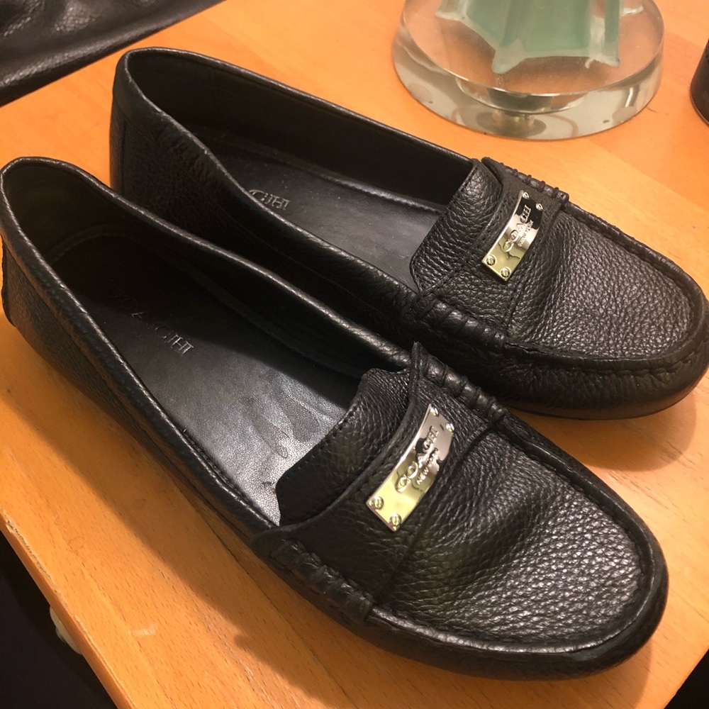 Coach leather moccasins with silver name plate